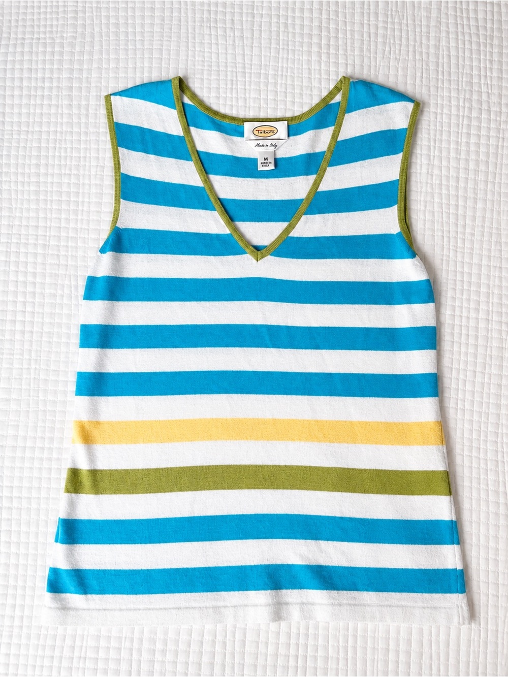 Talbots Blue, White, Yellow & Green Striped V-Neck Tank Top